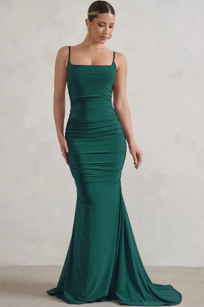 Club L London Adele | Bottle Green Backless Ruched Fishtail Cami Maxi Dress BOTTLEGREEN Shop