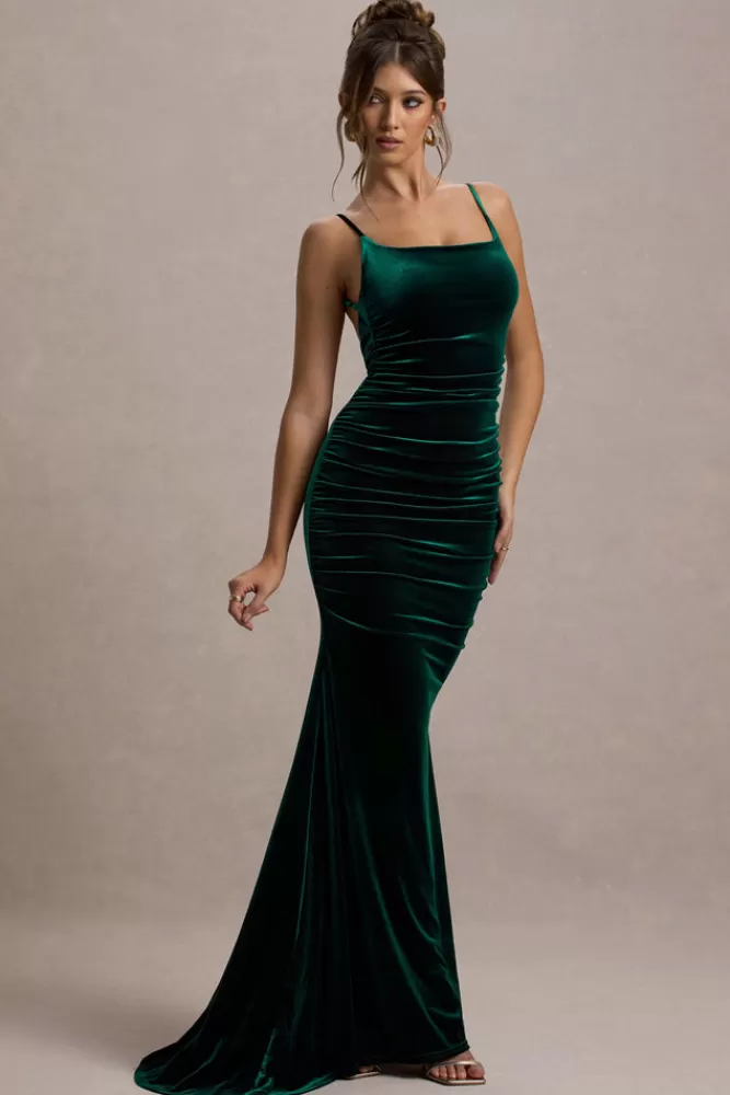 Club L London Adele | Bottle Green Velvet Ruched Strappy Fishtail Maxi Dress BOTTLEGREEN Flash Sale