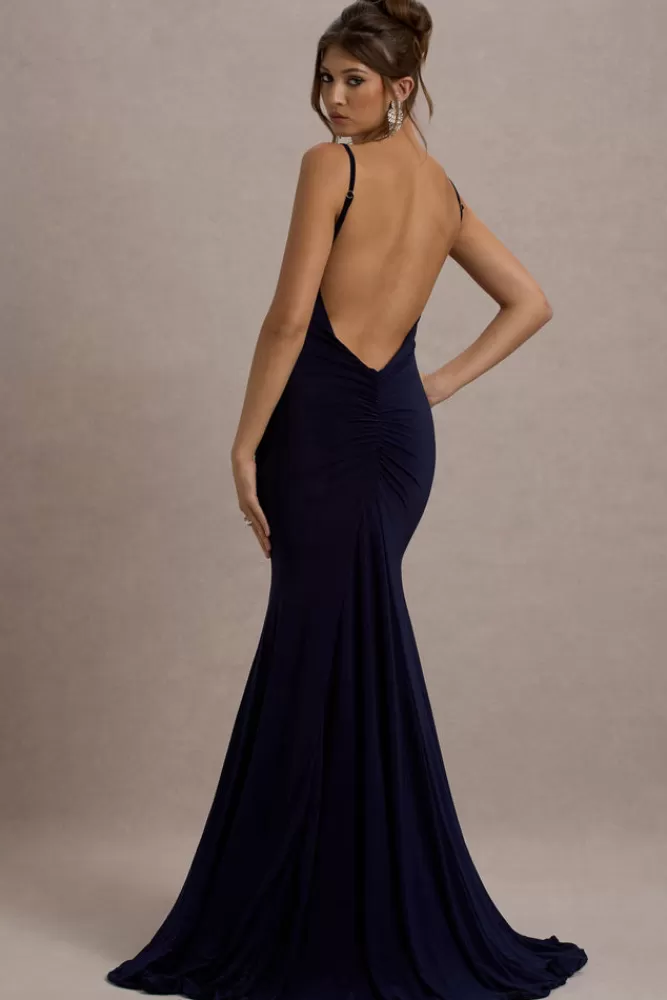 Club L London Adele | Backless Ruched Fishtail Cami Maxi Dress NAVY Hot