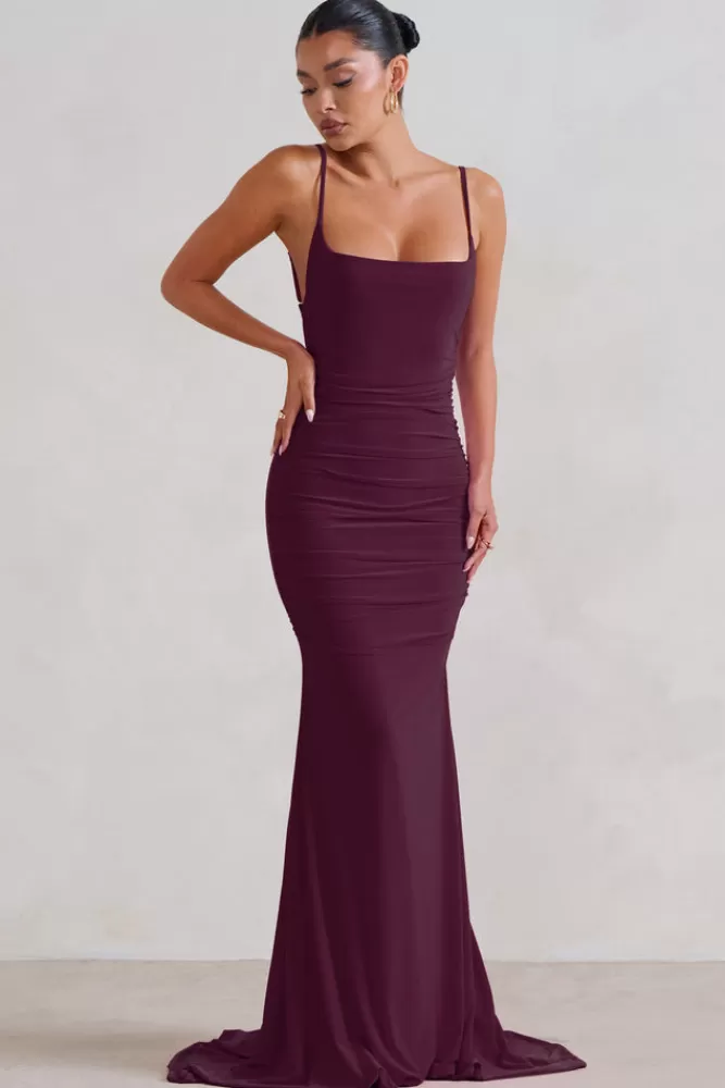 Club L London Adele | Backless Ruched Fishtail Cami Maxi Dress PLUM Sale