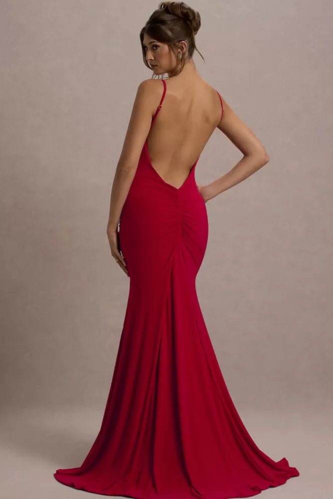 Club L London Adele | Ruched Fishtail Cami Maxi Dress RED New