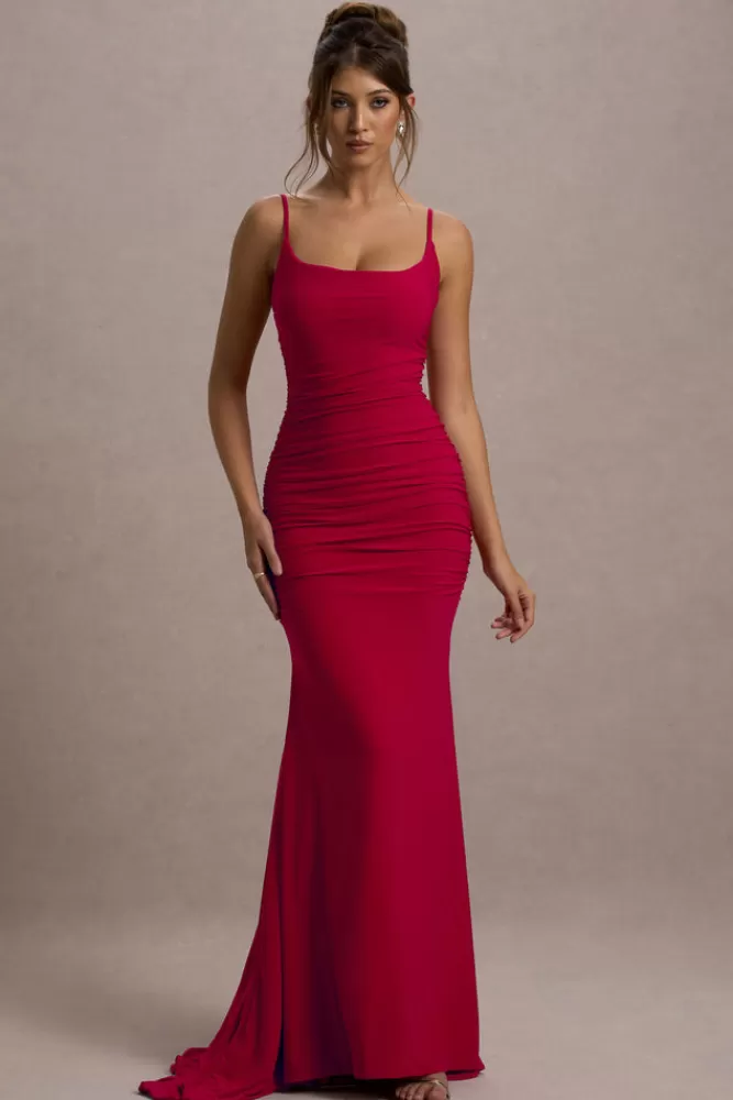 Club L London Adele | Ruched Fishtail Cami Maxi Dress RED New