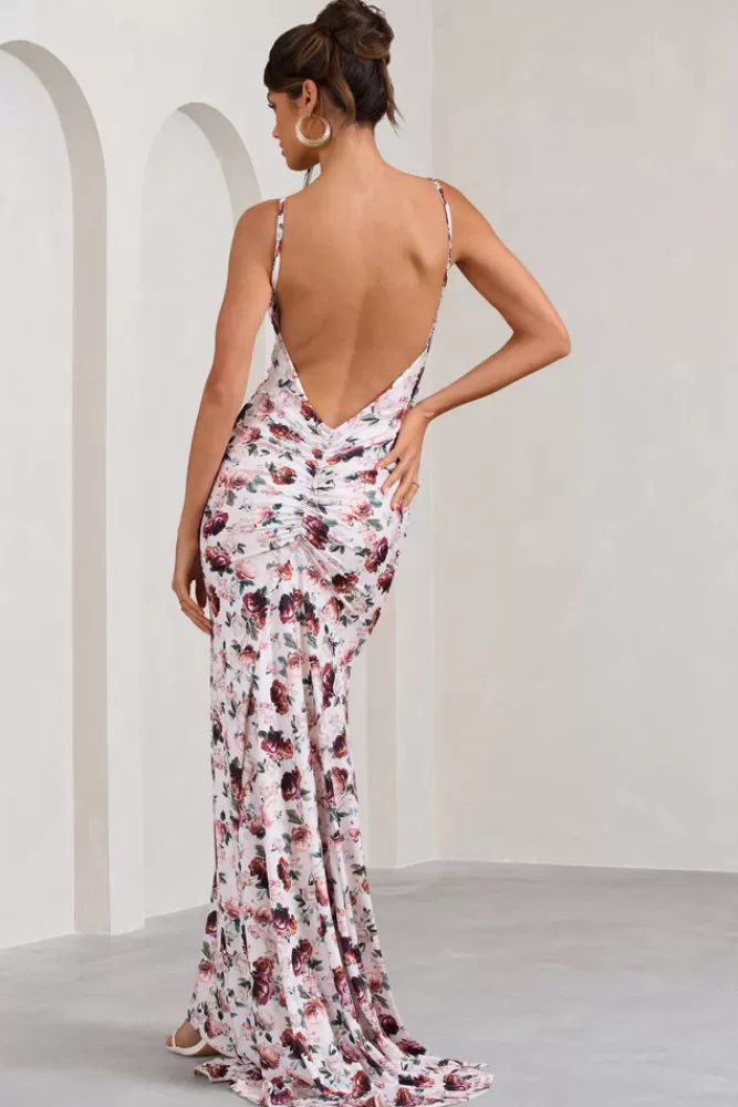 Club L London Adele | White Floral Print Backless Ruched Fishtail Cami Maxi Dress MULTI Clearance
