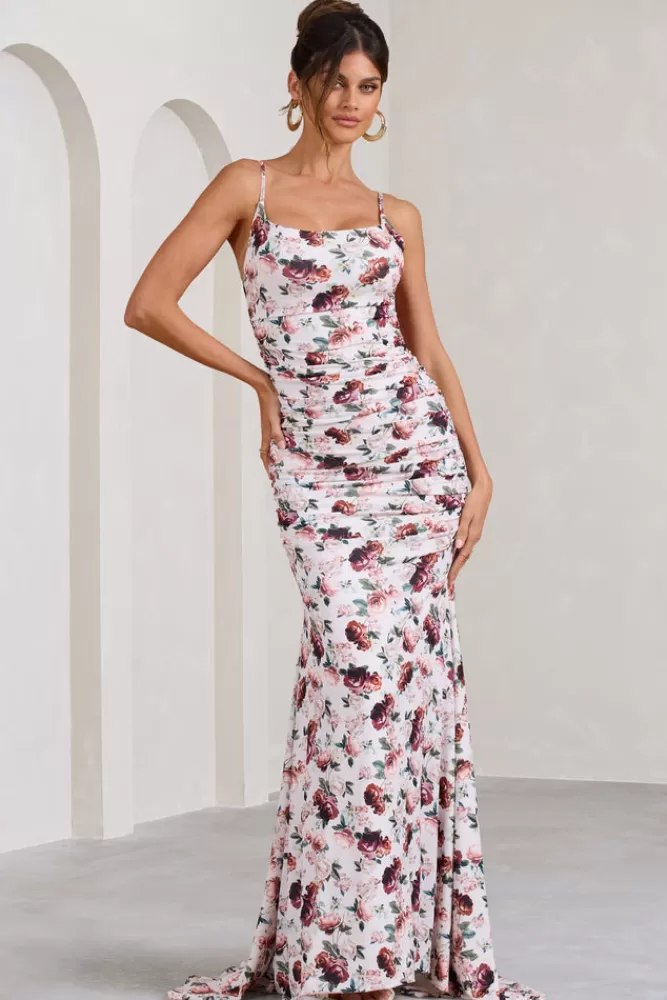Club L London Adele | White Floral Print Backless Ruched Fishtail Cami Maxi Dress MULTI Clearance