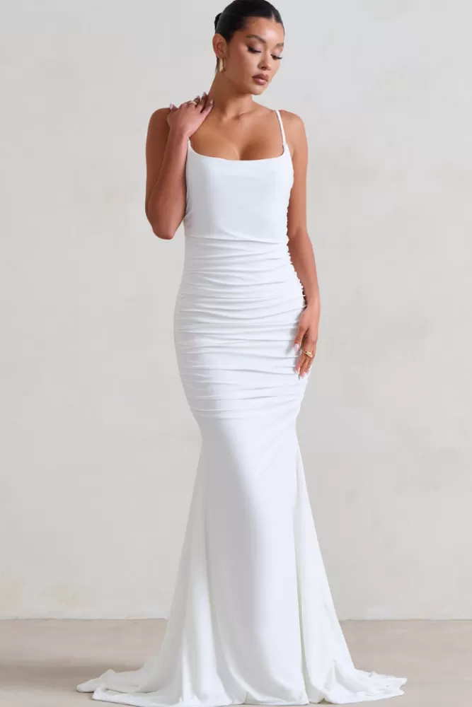 Club L London Adele | Ruched Fishtail Cami Maxi Dress WHITE New