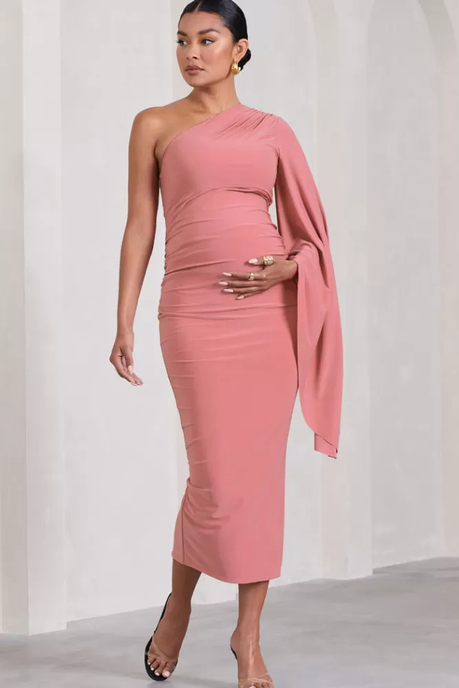 Club L London Adeline | Blush Pink Ruched Asymmetric Split Maternity Midi Dress With Cape Sleeve BLUSHPINK Flash Sale
