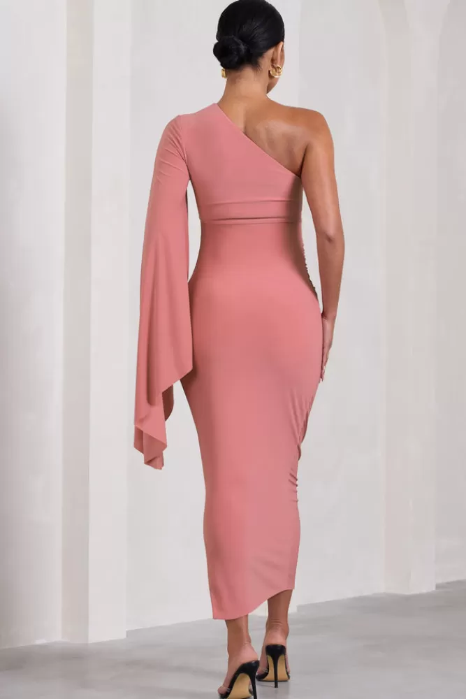 Club L London Adeline | Blush Pink Ruched Asymmetric Split Maternity Midi Dress With Cape Sleeve BLUSHPINK Flash Sale