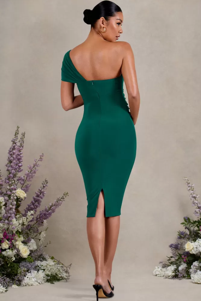 Club L London Admired | Bottle Green Ruched One-Shoulder Maternity Midi Dress BOTTLEGREEN Outlet