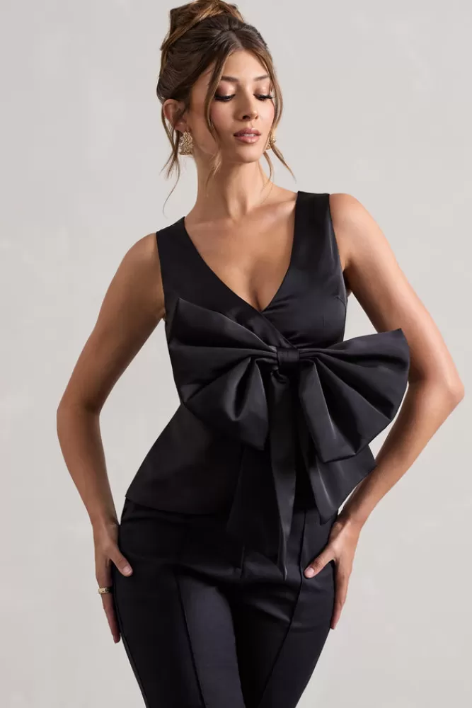 Club L London Adoration | Satin Plunge-Neck Top With Bow BLACK Shop