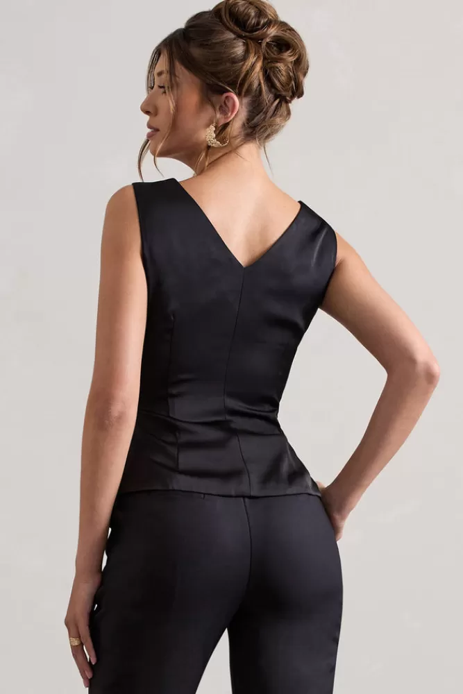 Club L London Adoration | Satin Plunge-Neck Top With Bow BLACK Shop