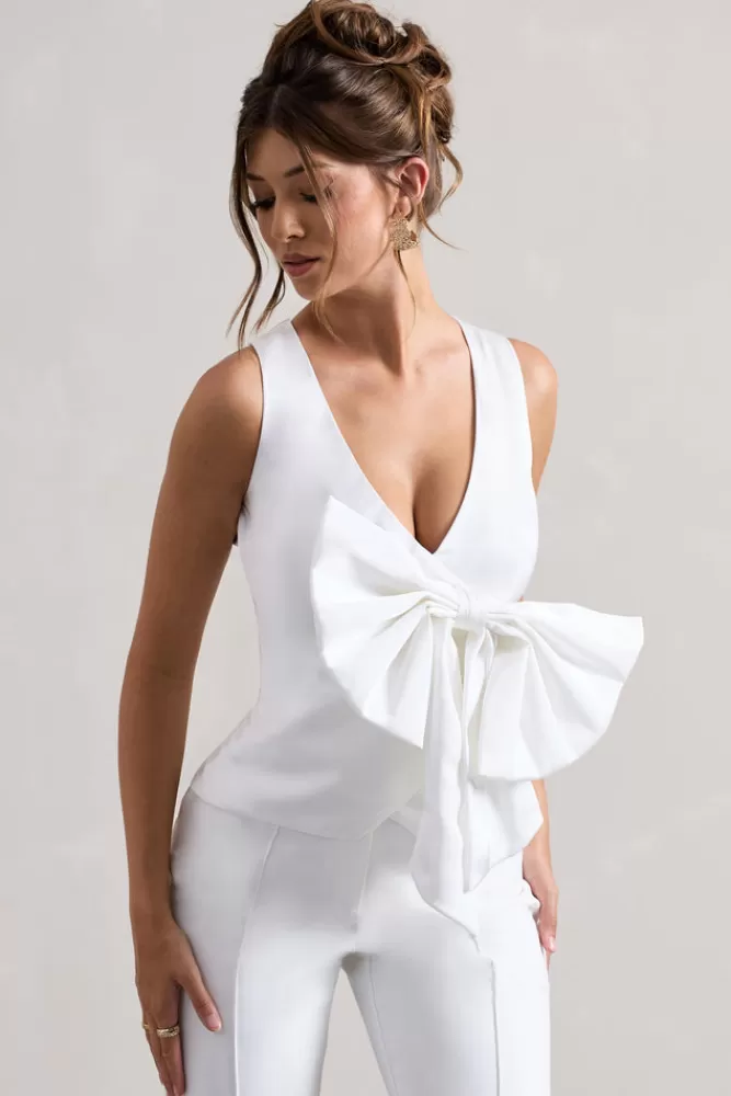 Club L London Adoration | Satin Plunge-Neck Top With Bow CREAM Clearance