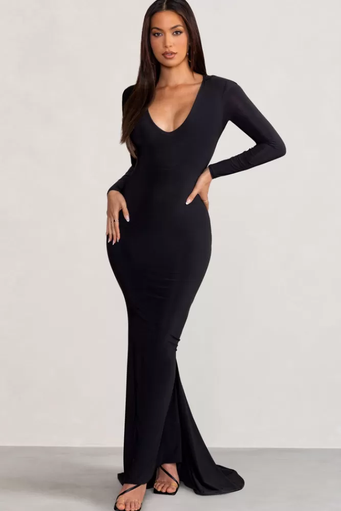 Club L London Adore | Long Sleeve Plunge Maxi Dress with Hood BLACK Clearance
