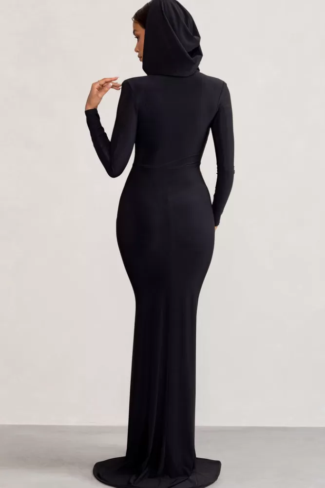 Club L London Adore | Long Sleeve Plunge Maxi Dress with Hood BLACK Clearance