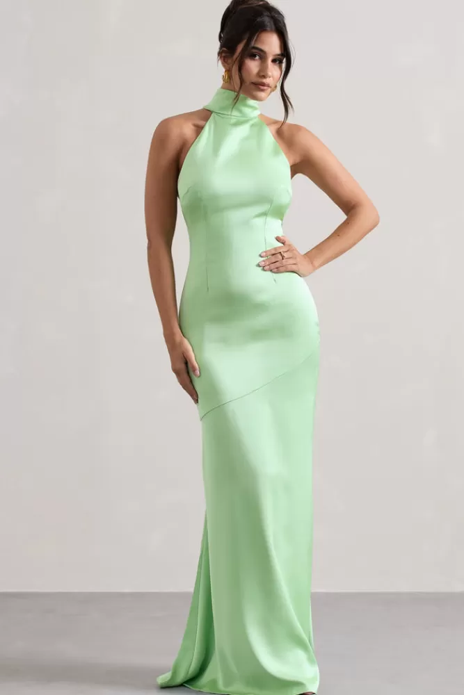 Club L London Adoria | Light Green Satin High-Neck Maxi Dress FRESHGREEN Fashion