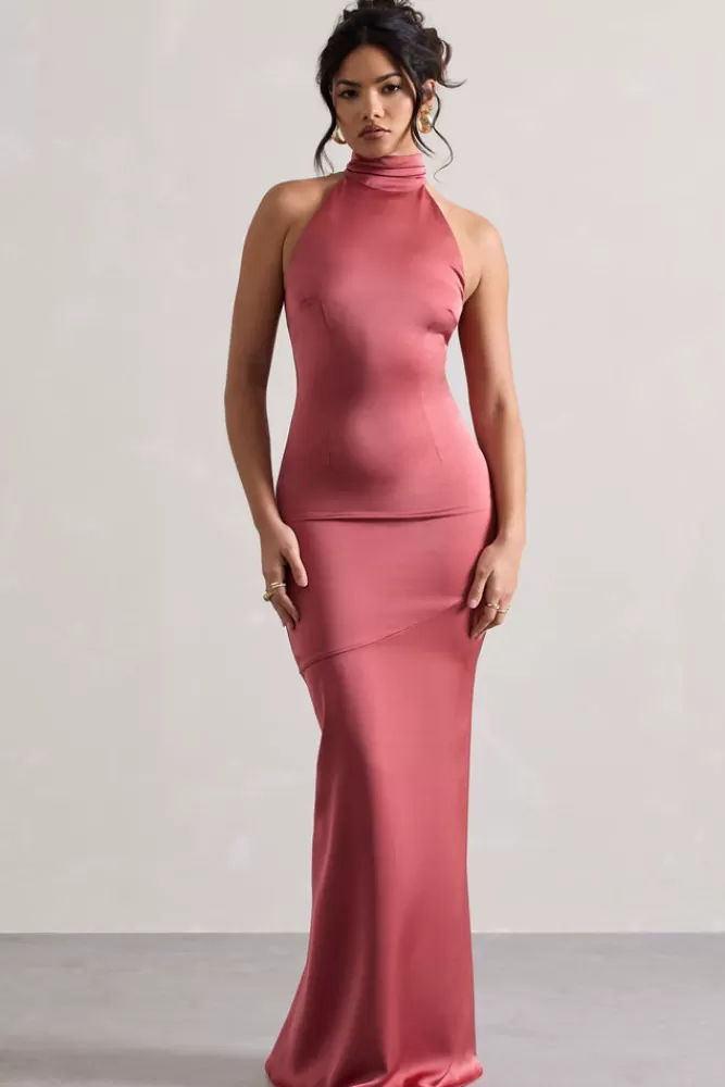Club L London Adoria | Vintage Berry Satin High-Neck Maxi Dress VINTAGEBERRY Store