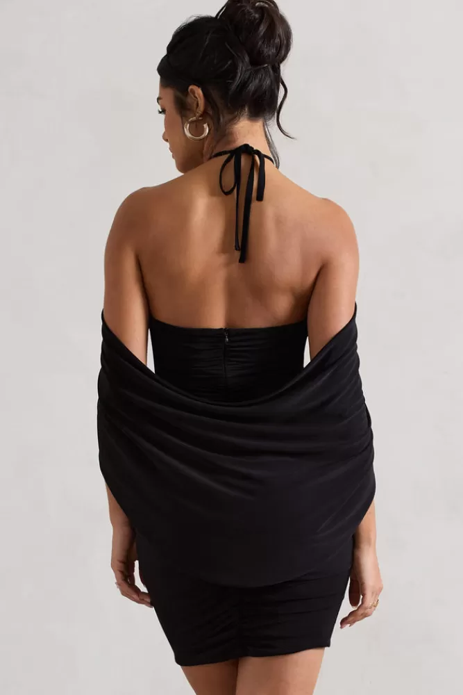 Club L London Adriana | Ruched Halter-Neck Draped Mini Dress With Corsage BLACK Cheap