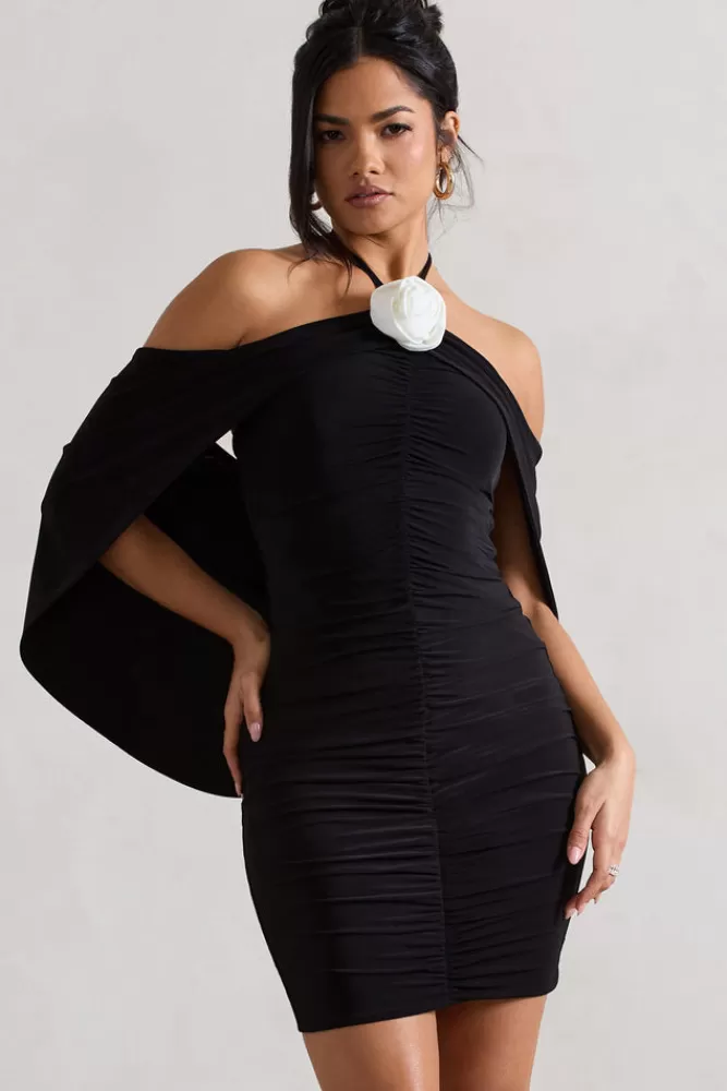 Club L London Adriana | Ruched Halter-Neck Draped Mini Dress With Corsage BLACK Cheap