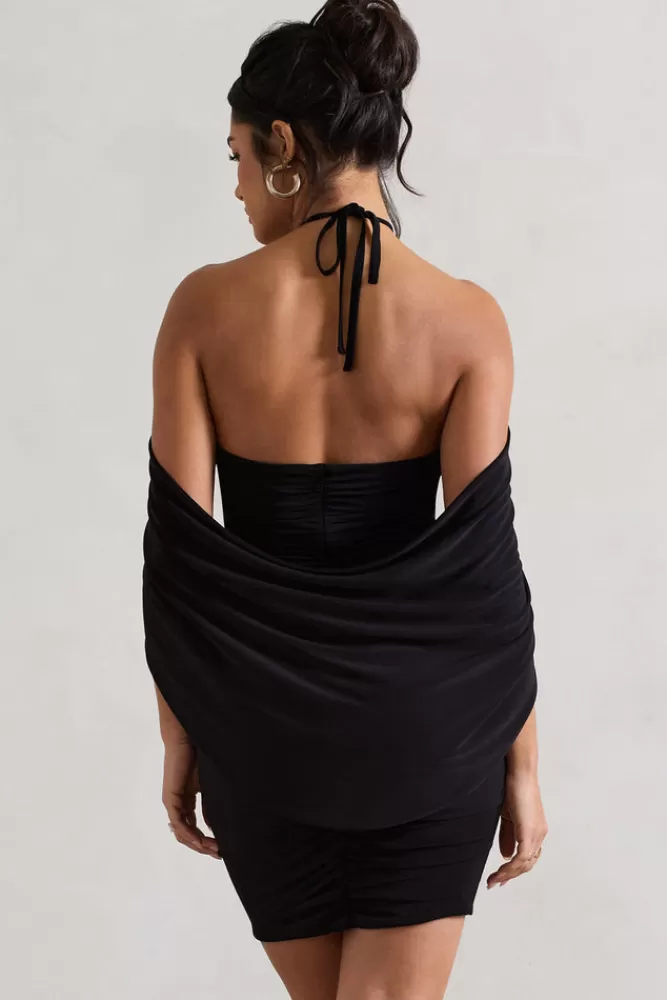 Club L London Adriana | Ruched Halter-Neck Draped Mini Dress With Corsage BLACK Cheap