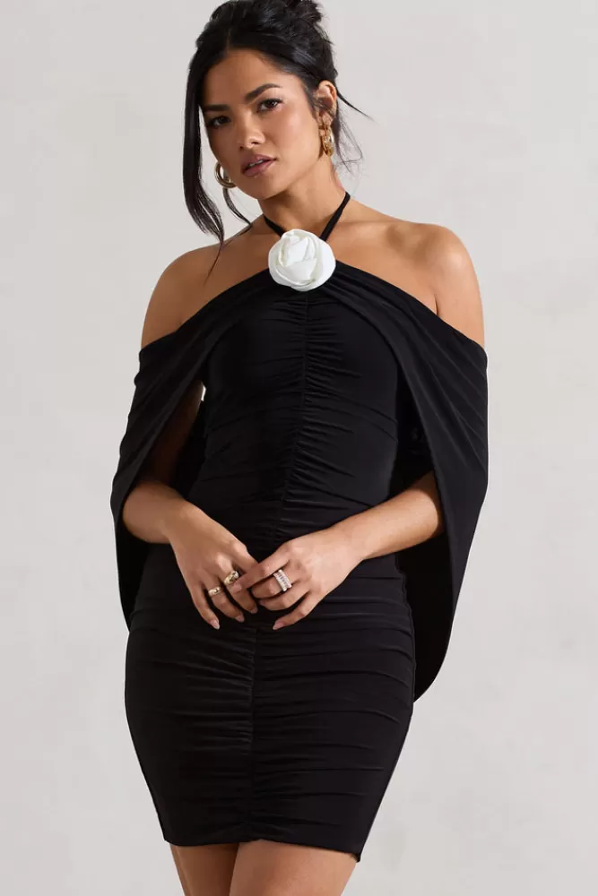 Club L London Adriana | Ruched Halter-Neck Draped Mini Dress With Corsage BLACK Cheap