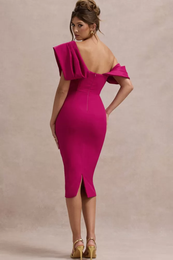 Club L London Adrina | Dark Pink Draped One Shoulder Midi Dress HOTPINK Fashion