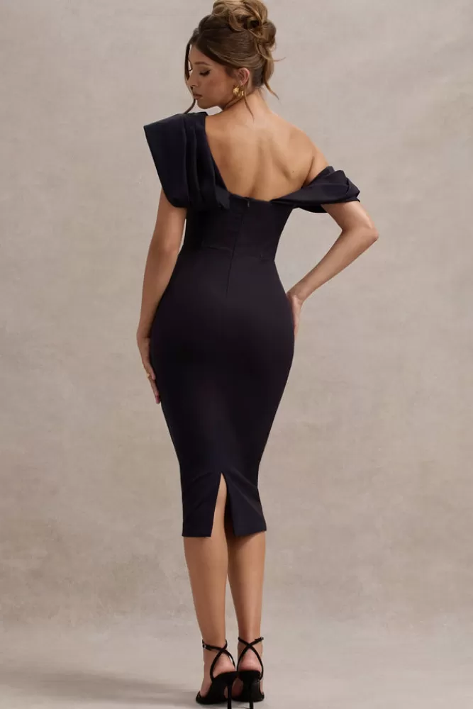 Club L London Adrina | Draped One Shoulder Midi Dress NAVY Outlet