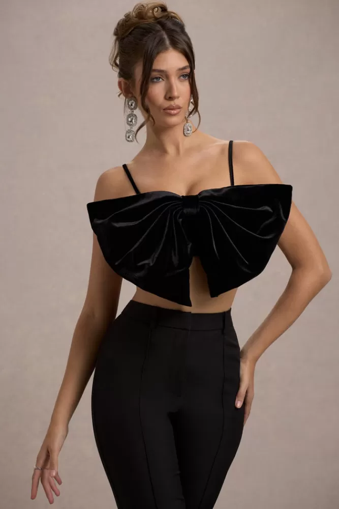 Club L London Adya | Velvet Strappy Bow Crop Top BLACK Sale