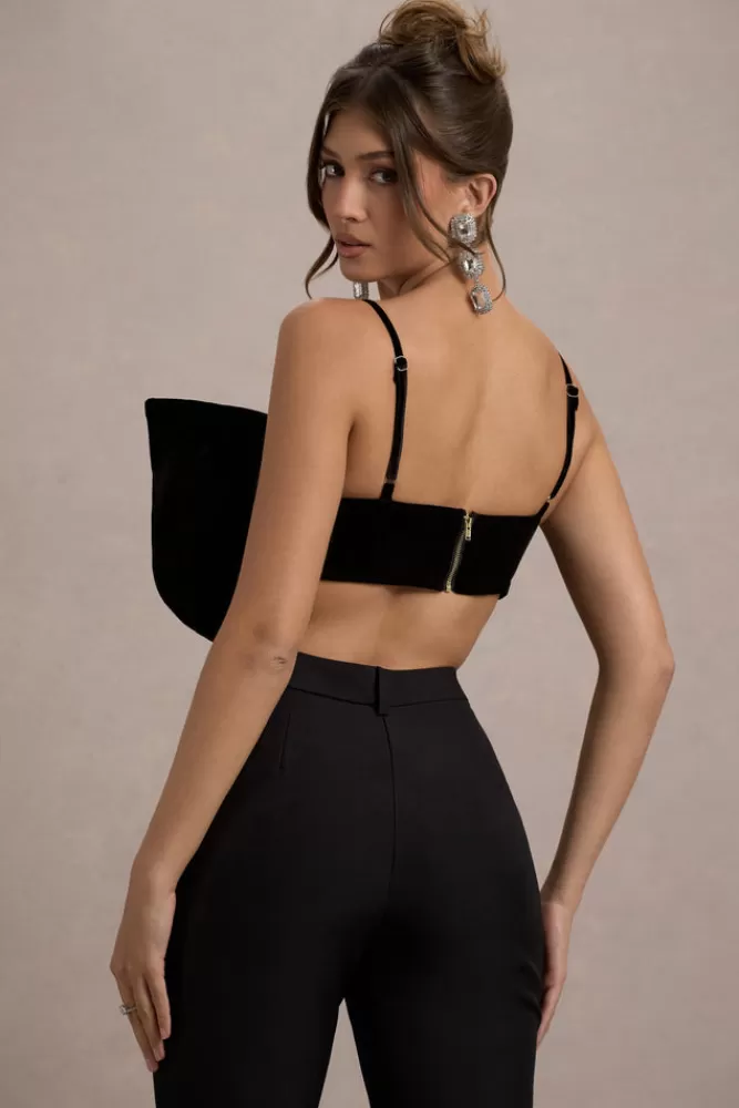 Club L London Adya | Velvet Strappy Bow Crop Top BLACK Sale