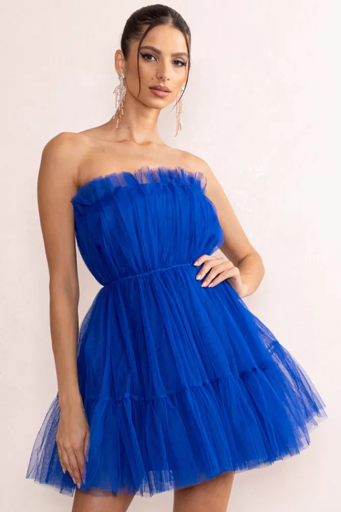 Club L London Aella | Blue Bandeau Volume Pleated Tulle Mini Dress COBALT Shop