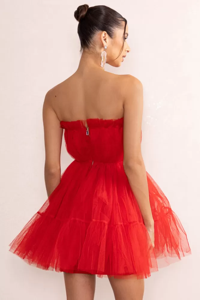 Club L London Aella | Bandeau Volume Pleated Tulle Mini Dress RED Online