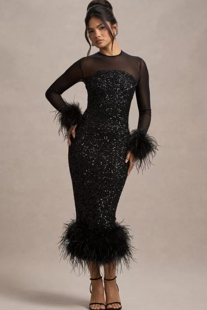 Club L London Afterglow | Sequin Long-Sleeve Midi Dress With Feather Trims BLACK Shop