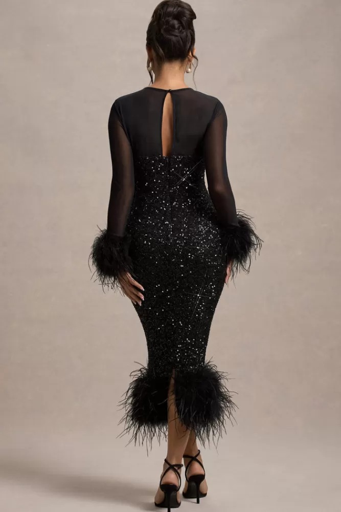 Club L London Afterglow | Sequin Long-Sleeve Midi Dress With Feather Trims BLACK Shop