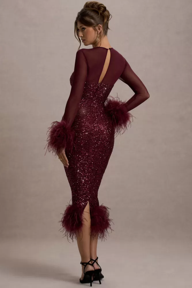 Club L London Afterglow | Sequin Long-Sleeve Midi Dress With Feather Trims PORT Sale