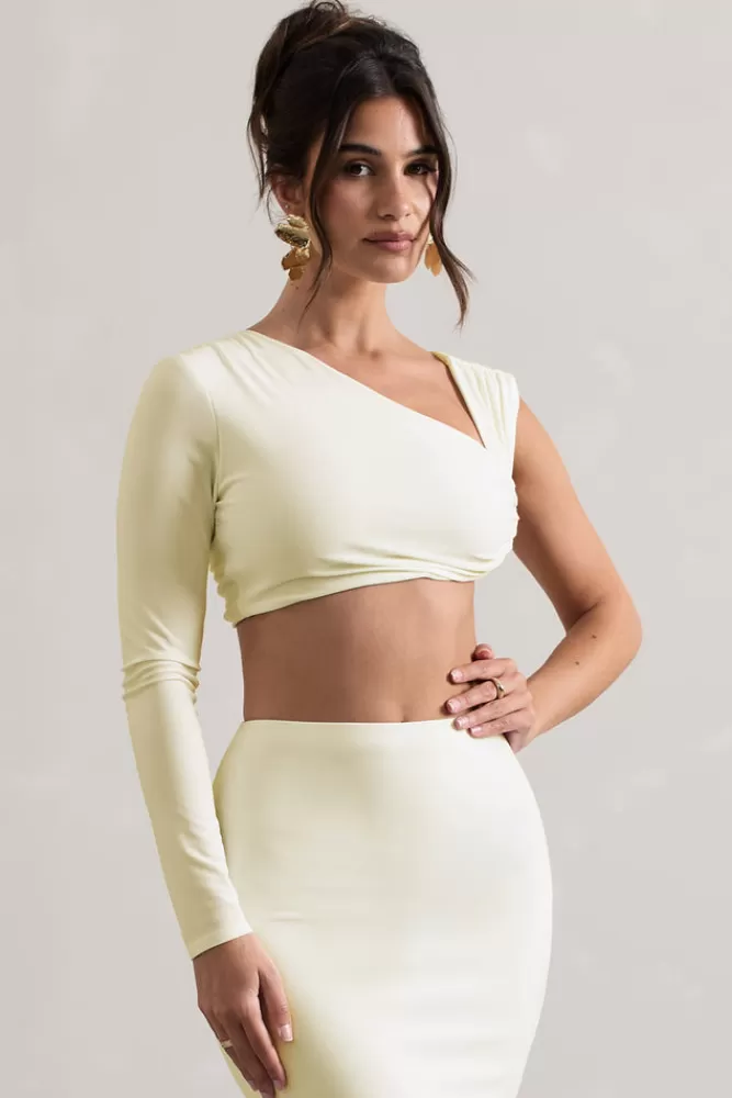 Club L London Agalia | Cream Ruched Asymmetric One-Sleeve Crop Top NATURALCREAM Best