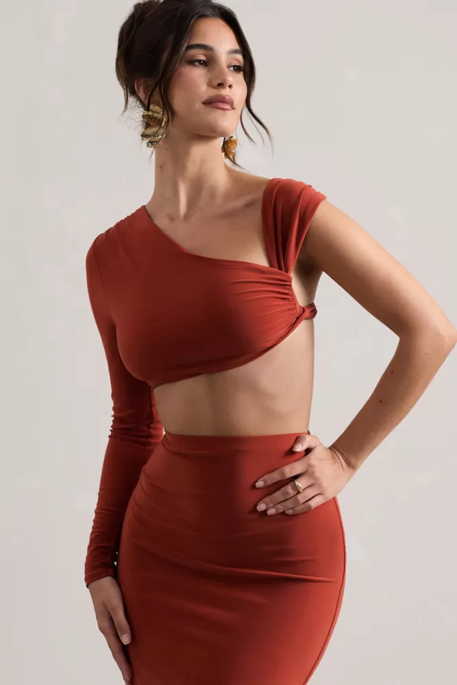 Club L London Agalia | Ruched Asymmetric One-Sleeve Crop Top TERRACOTTA Store