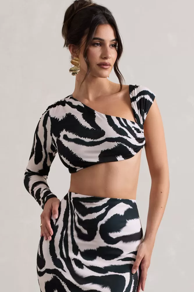 Club L London Agalia | Print Ruched Asymmetric One-Sleeve Crop Top ZEBRA Best