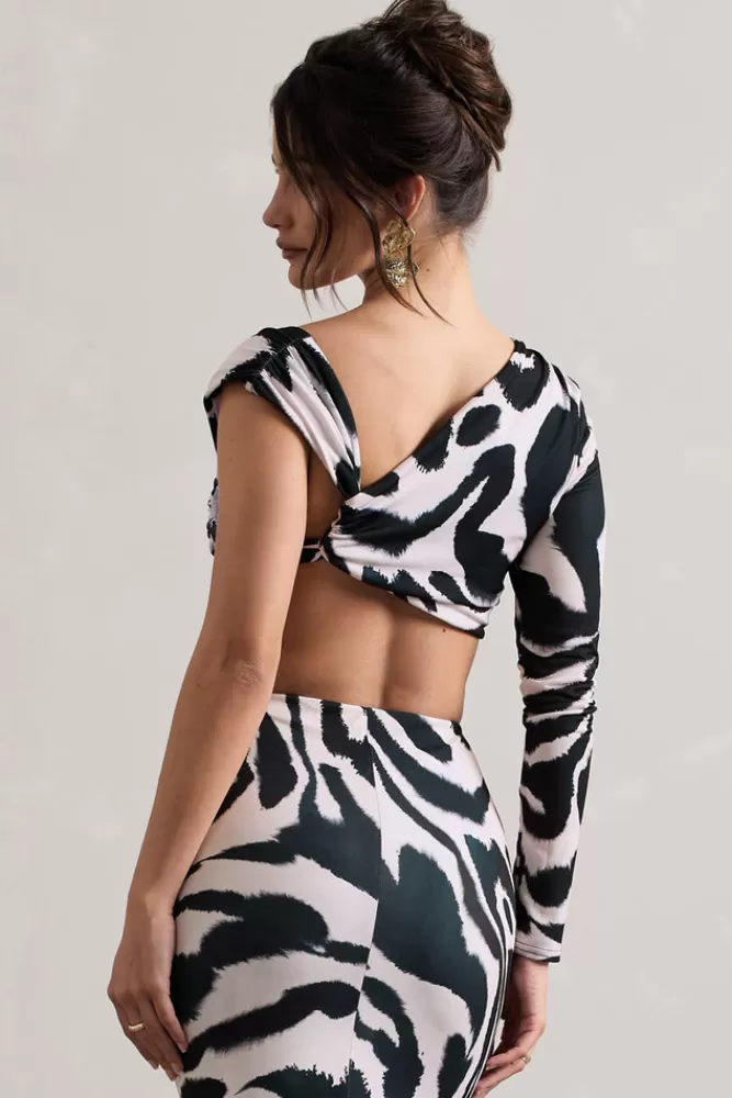 Club L London Agalia | Print Ruched Asymmetric One-Sleeve Crop Top ZEBRA Best