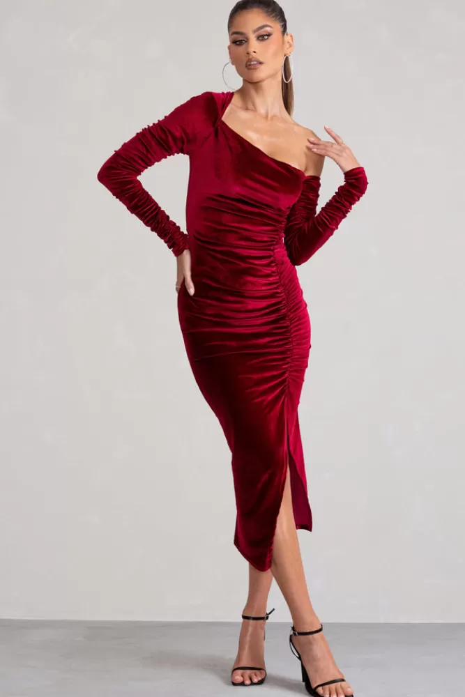 Club L London Agustina | Velvet Asymmetric Neckline Midi Dress With Long Sleeves Berry Flash Sale