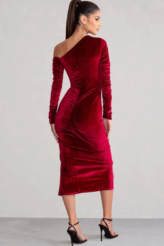 Club L London Agustina | Velvet Asymmetric Neckline Midi Dress With Long Sleeves Berry Flash Sale
