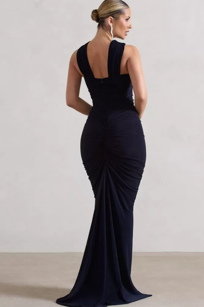 Club L London Aida | Ruched V-Neck Split Maxi Dress NAVY Best Sale