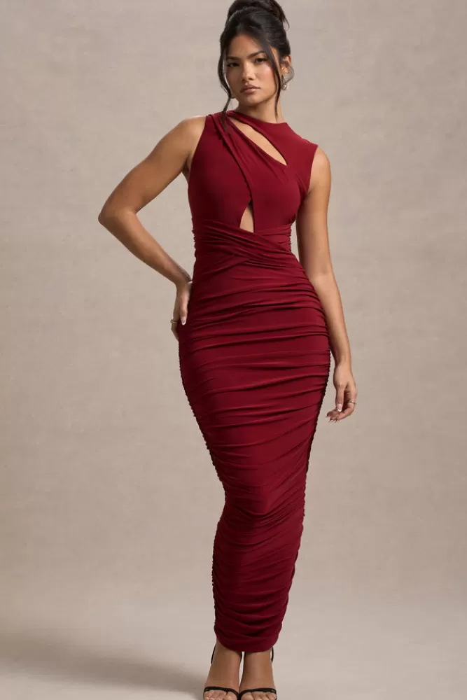 Club L London Aire | Wine Cut-Out Ruched Maxi Dress BURGUNDY Best