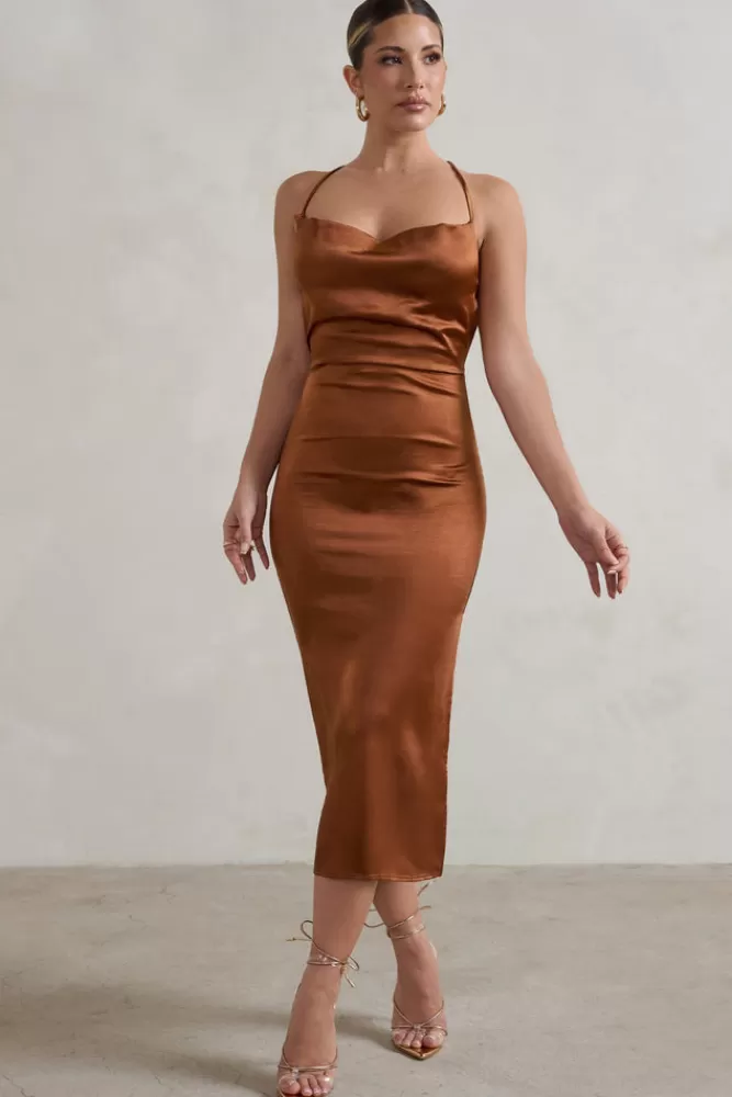 Club L London Aja | Cowl Cami Midi Dress With Waist Tie COPPER Cheap