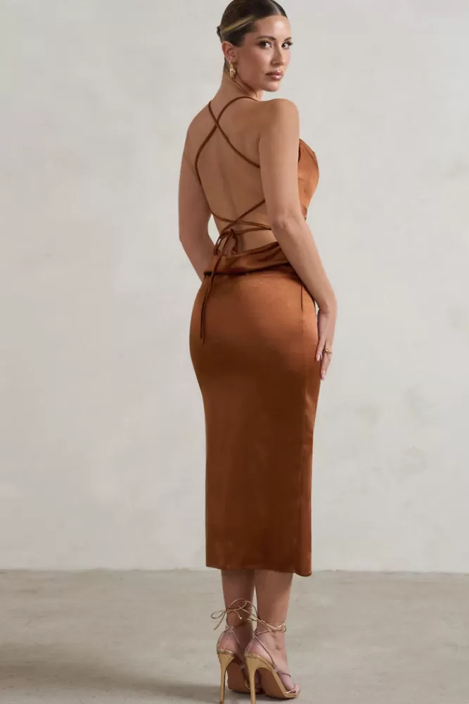 Club L London Aja | Cowl Cami Midi Dress With Waist Tie COPPER Cheap