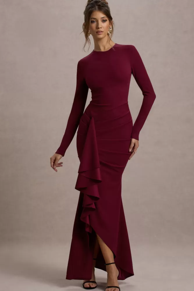 Club L London Alayna | Long-Sleeve Maxi Dress With Ruffled Split berry Best Sale