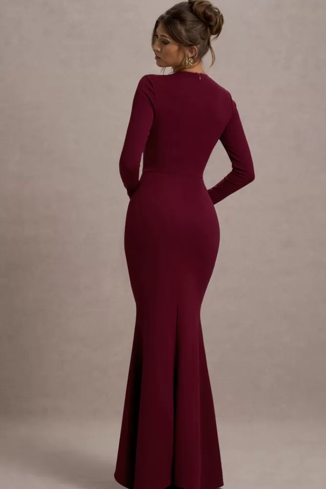 Club L London Alayna | Long-Sleeve Maxi Dress With Ruffled Split berry Best Sale