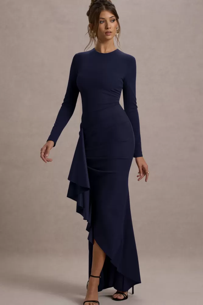 Club L London Alayna | Long-Sleeve Maxi Dress With Ruffled Split navy Shop