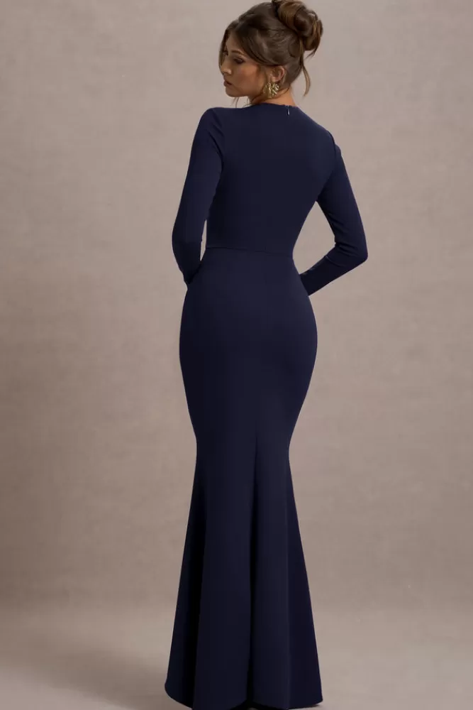 Club L London Alayna | Long-Sleeve Maxi Dress With Ruffled Split navy Shop