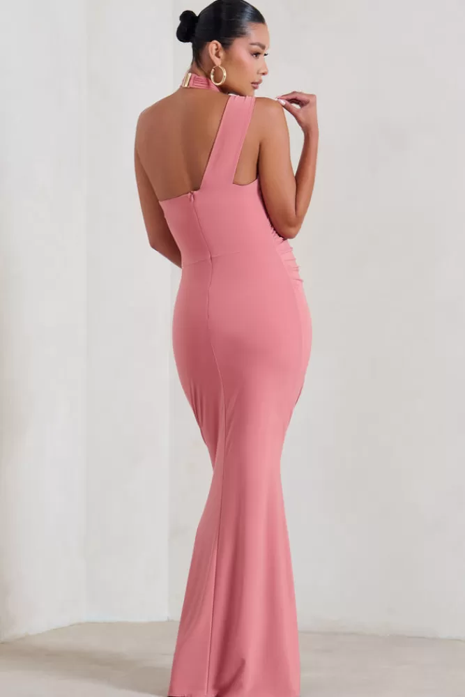 Club L London Alba | Blush Pink Maternity Halter Asymmetric Maxi Dress with Cut Out BLUSHPINK Outlet
