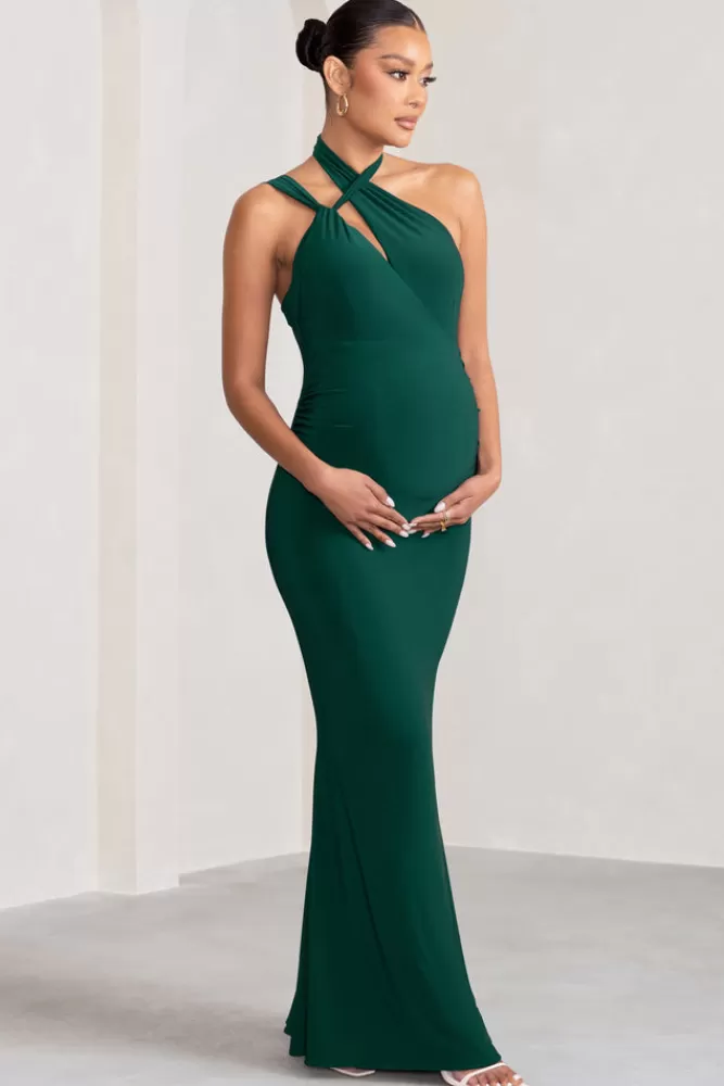Club L London Alba | Bottle Green Maternity Halter Asymmetric Maxi Dress with Cut Out BOTTLEGREEN Cheap