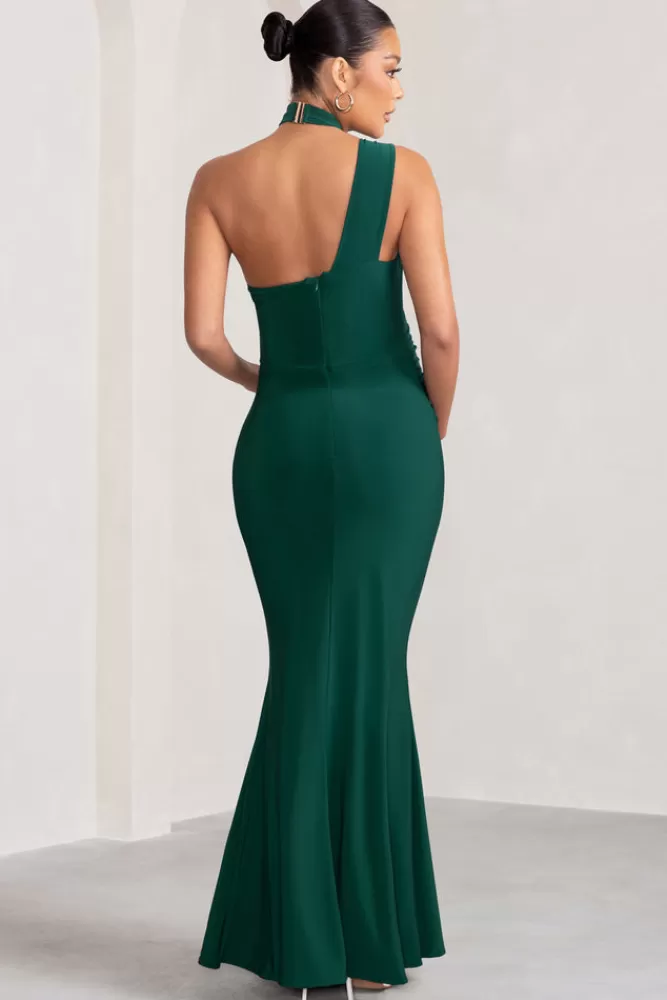 Club L London Alba | Bottle Green Maternity Halter Asymmetric Maxi Dress with Cut Out BOTTLEGREEN Cheap
