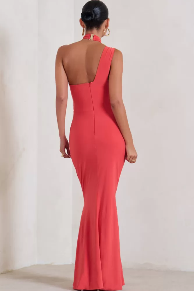 Club L London Alba | Maternity Halter Asymmetric Maxi Dress with Cut Out CORAL Outlet